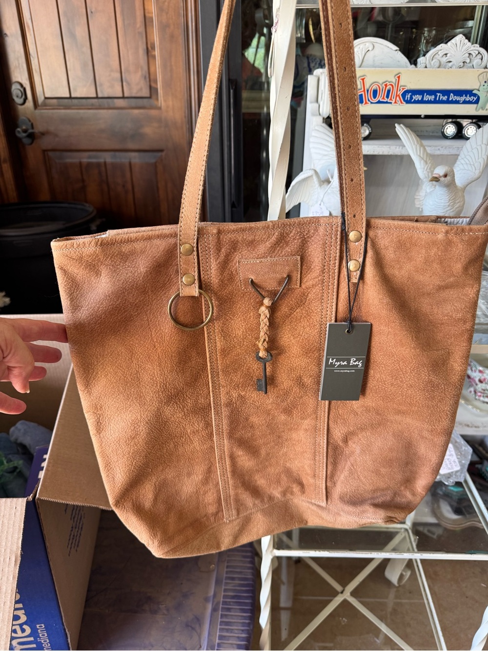 Myra Bag Rustic Tan Leather Tote with Braided Key Charm and Ring Accent